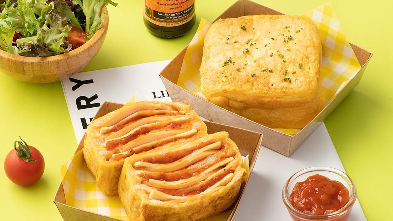 ขนมปังชุบไข่ไส้อกไก่รมควันซอสพิซซ่าชีส – สูตรอาหาร