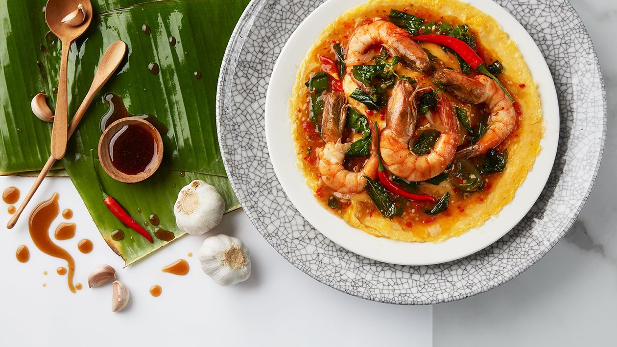 Thai Basil Shrimp with Deep-Fried Basil and Creamy Omelette – - Recipe