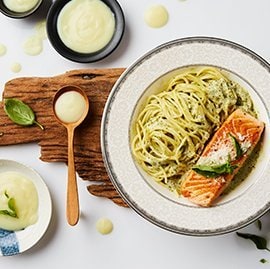 Grilled Salmon with Spaghetti Creamy Pesto Sauce Grilled Salmon with Spaghetti Creamy Pesto Sauce