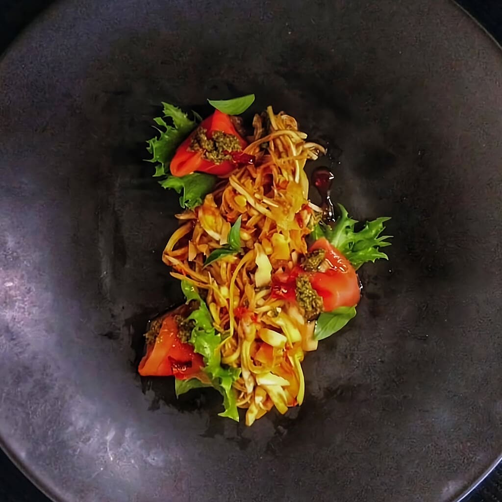 Banana Blossom Salad with Smoked Salmon and Pesto Sauce