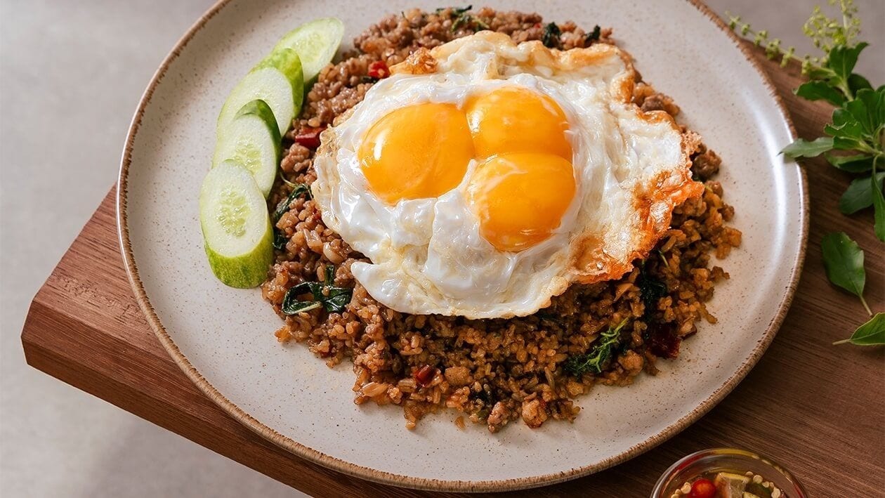 ข้าวคลุกกะเพราหมูสับ ไข่ดาวลาวา ข้าวคลุกกะเพราหมูสับ ไข่ดาวลาวา