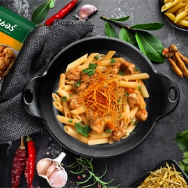 Pork Penne with Garlic, Black Pepper and Crispy Fingerroot Pork Penne with Garlic, Black Pepper and Crispy Fingerroot