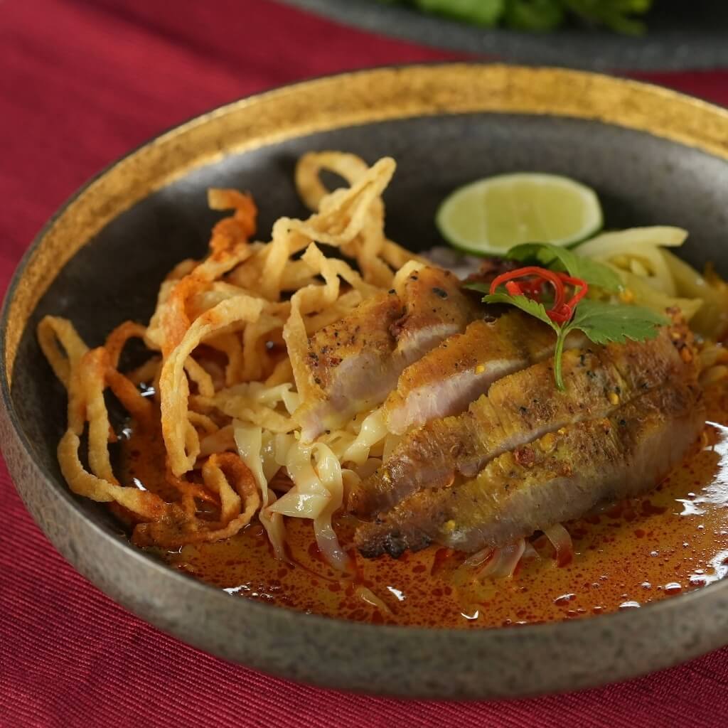 Khao Soi with Grilled Pork Neck and Makwaen				 Khao Soi with Grilled Pork Neck and Makwaen