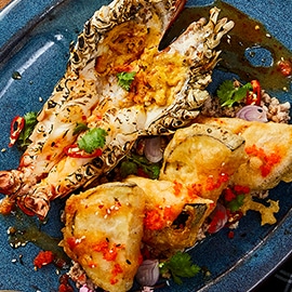 Grilled Prawns with Eggplant Tempura and Spicy Miso Sauce Grilled Prawns with Eggplant Tempura and Spicy Miso Sauce