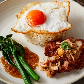Fried Pork Neck with Garlic, Rice and Fried Duck Egg Fried Pork Neck with Garlic, Rice and Fried Duck Egg
