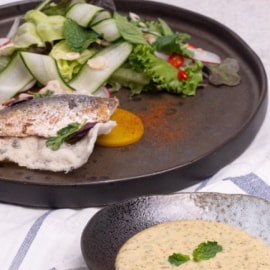 Mackerel Miang Salad with Lemongrass Fresh Vegetables and Mint Mayonnaise Seafood Dipping Sauce