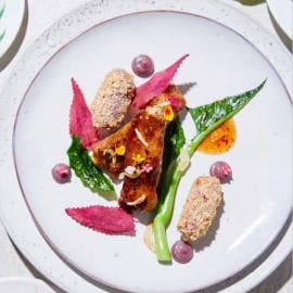 Grilled Pork Ribs with Tamarind-based Sauce, Purple Sweet Potato Croquette and Head-to Tail Cooked Kale Grilled Pork Ribs with Tamarind-based Sauce, Purple Sweet Potato Croquette and Head-to Tail Cooked Kale